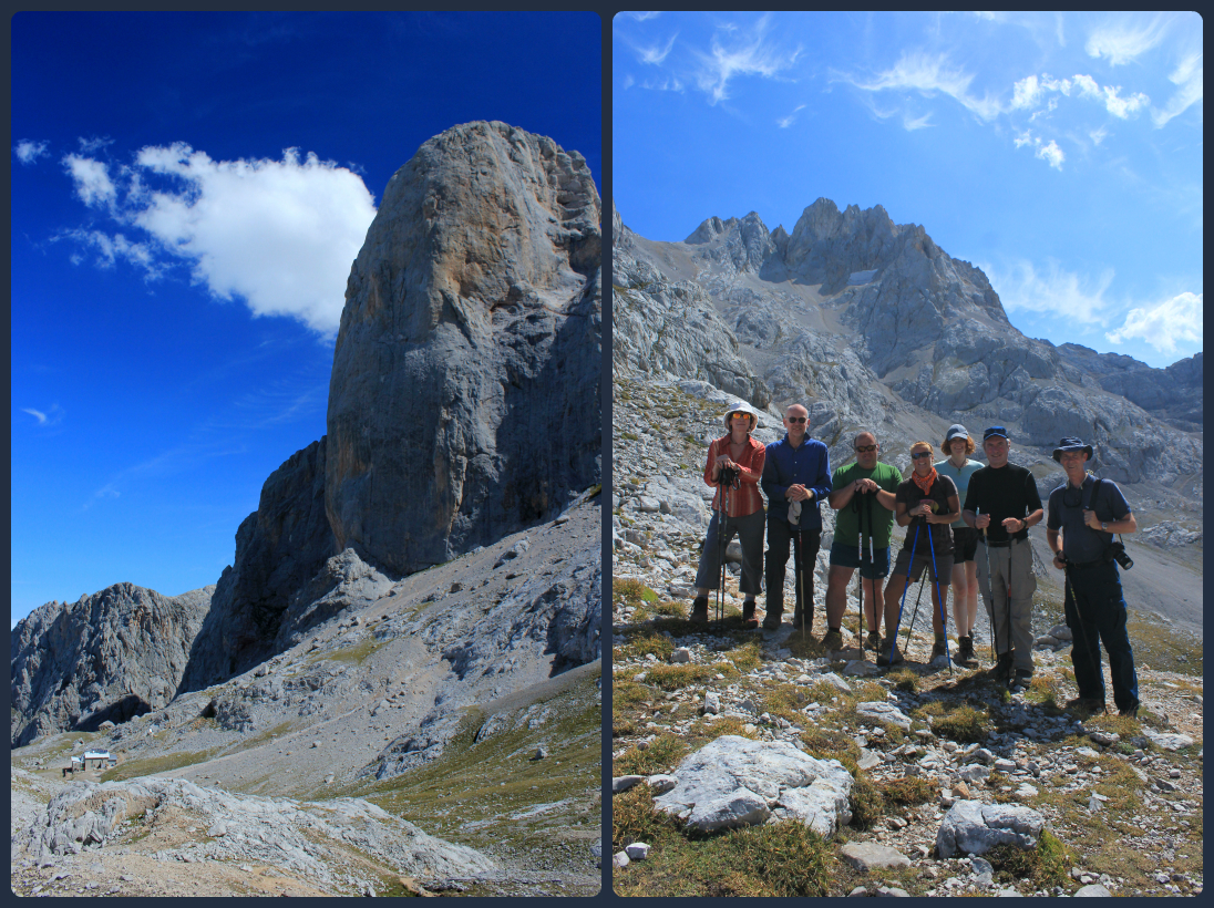 Naranjo de Bulnes and the refuge down below, and a few of the members of our group with our excellent guide, Juan