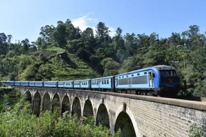 Blue train travelling over a bridge in Ella, Sri Lanka