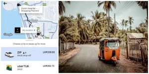 Screenshot of Uber app and a photo of a tuk-tuk in Sri Lanka